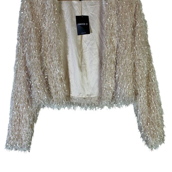 NWT Forever 21 Shaggy Metallic Open Front Jacket Womens S Beige Sparkly Glam NYE - Picture 4 of 6